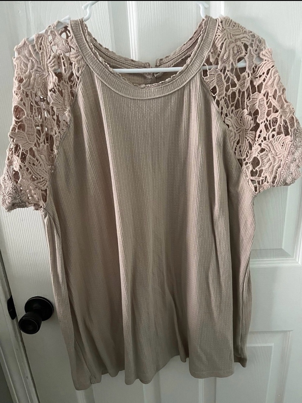 Knit Short Sleeve Top with Crochet Lace Sleeves - Taupe